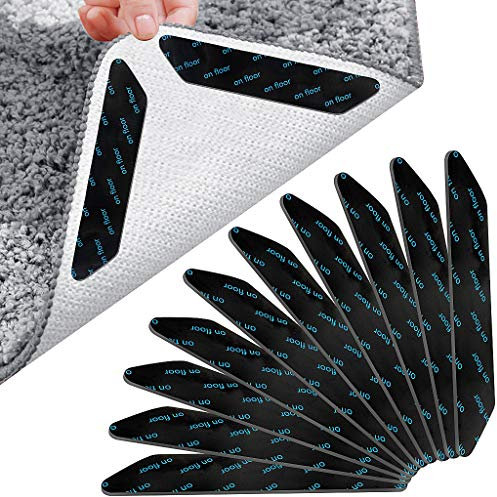 Rug Grippers 10 Pieces Set Anti-slip Rug Stickers Reusable Carpet Corner Gripper Strong Stick Rug Pads for Wooden and Hard Floors Anti Curling Rug Gripper Tape to Keep Your Rug in Place-Black