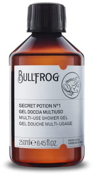 Bullfrog - Multi-Purpose Duschgel Secret Potion Nr. 1: Reiniger für Körper, Gesicht und Haare, 92,3% natürlich, holzige und bernsteinfarbene Duftnote, vielseitig und revitalisierend, 250 ml