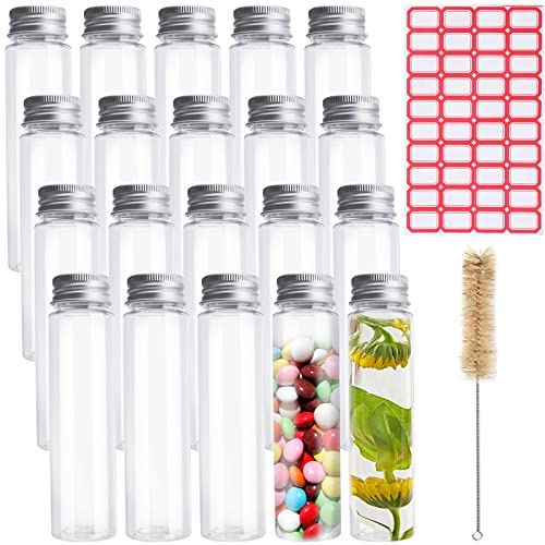 20 Piezas Tubos de Ensayo de Prueba 80ML Probetas Plastico Transparente con Tapa de Aluminio y 1 Cepillo de Limpieza para Dulces Semillas Especias Líquidos Artesanías Plantas Laboratorio