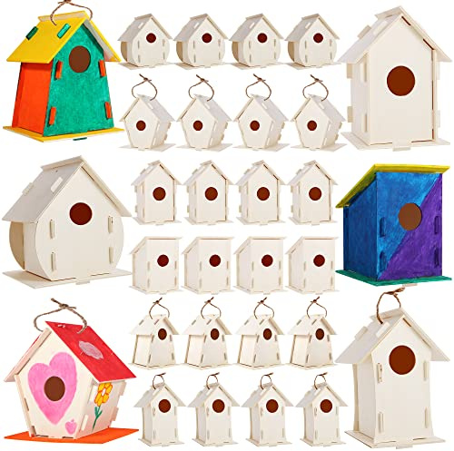 ILHSTY 30 Pack Large DIY Wooden Bird Houses Kits for Kids, Kids Crafts Wood Houses for Parties, DIY Crafts and Art Birdhouse Kits for Children to Build and Design