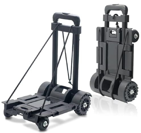 Faltbarer Sackkarre, 65 kg, robuste 4 Räder, tragbare Sackkarre, Leichter Reisewagen mit Bindegürtel für Einkaufen, Camping, Angeln, Transport von Reiseartikeln, Schwarz