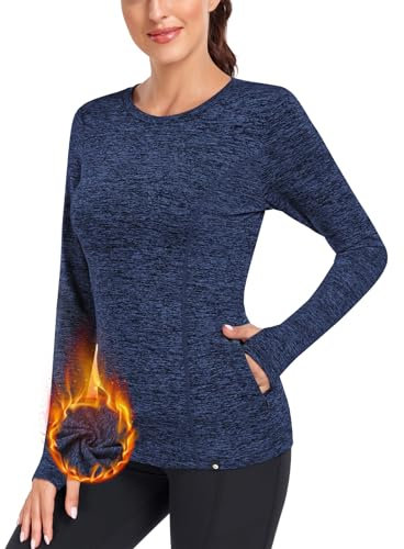 Soneven Fleece Thermo Shirt Damen Langarm Funktionsshirt Sport Langarmshirt mit Zwei Tasche für Wander Laufen Ski im Winter Herbst Blau M