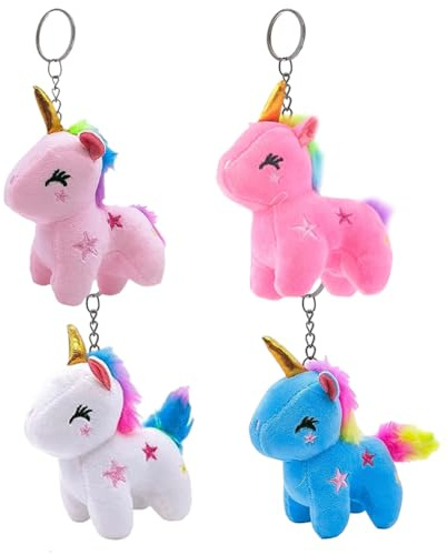 LAJUU 4 portachiavi unicorno, ciondolo in peluche, unicorno, giocattolo piccolo peluche animale, portachiavi unicorno in peluche, per bambini regalo giocattolo carino borsa regalo