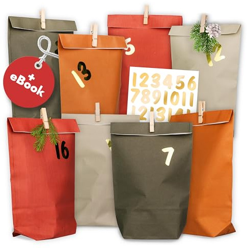 AMARI ® Advent Calendar for Filling No. 17 Monochrome - 24 Paper Advent Bags (with Wooden Clips) for Crafts for Christmas - Paper Christmas Bags