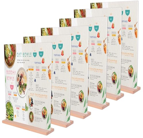 MEIDIV 6 Pack A4 Acrylic Sign Holder, Menu Holders for Tables, Double Sided A4 Perspex Display Stand, Menu Stand with Wooden Base for Restaurant Photo, Leaflet, Poster