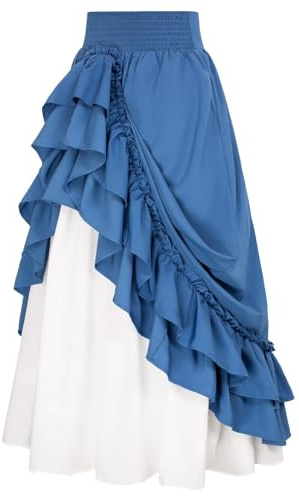 Corset Top Women's Vintage Gothic Renaissance Pirate Skirt - Patchwork Ruffle Layered Swing Stretch High Waist A-Line Midi Steampunk Retro Victorian Tiered Blue