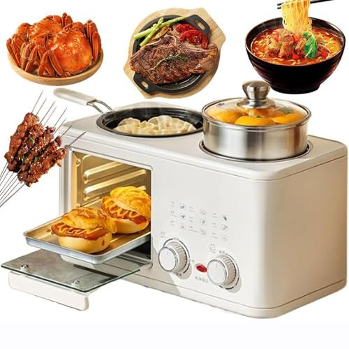 Elektrisk frukostmaskin, 4-i-1 frukostmaskinsstation med 8L ugn, stekpanna och ångkokare, 0-60 min timerknapp, S-typ dubbel värmerör, 1200W frukostäggsmörgåsmaskin for hemmet