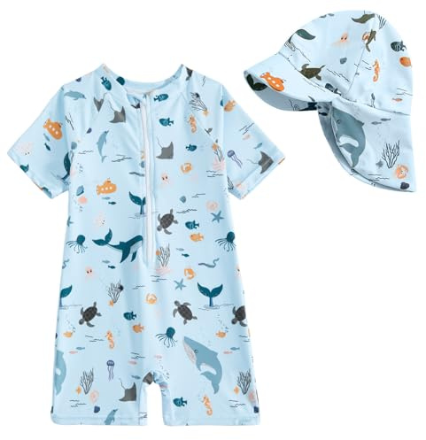 JiAmy Baby baddräkt i ett stycke kortärmad uv kläder för småbarn pojke flicka 3 månader – 3 år, blå, 12-24 Månader