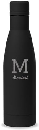 DEREGALOOS Botella de Agua Personalizada con Inicial y Nombre. Bidón Térmico 700ml de Acero Inoxidable con Acabado Mate. Termo Reutilizable para Deporte Oficina y Viajes (Negro)