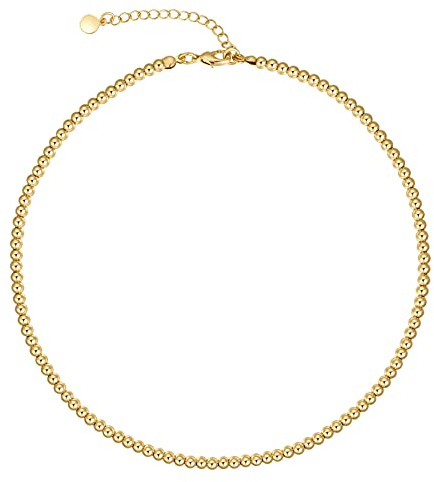 NUZON Gold Bead Choker Necklace for Women Dainty 14K Gold Plated 4mm Beaded Ball Chain Strand Adjustable Layering Necklaces Costume Jewelry 15’’