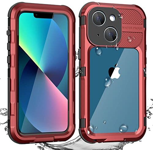 AICase for iPhone 13 Case Waterproof Metal Underwater Phone Case with Built-in Screen Protector, Full Body Protective Military Grade Shockproof Heavy Duty Rugged Cover for iPhone 13 RED