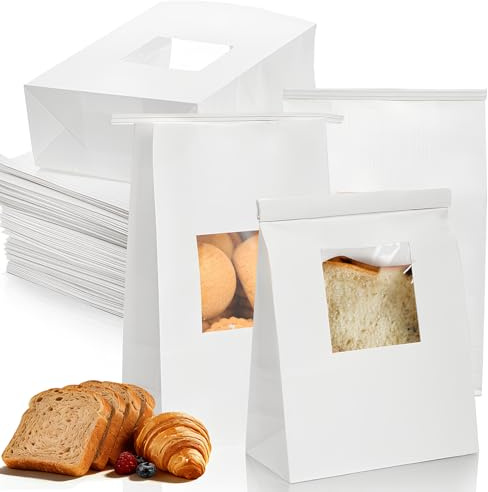 AVLA 100 Pack Paper Bread Bags with Window, Sourdough Bags for Homemade Bread, 5.9 x 2.8 x 9.2 Inch White Kraft Bakery Bags with Tin Tie Tab, Cookie Treat Bags for Baked Goods, Snacks, Popcorn