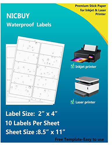 200 Pcs Bottle Labels 4x2 inch Printable Glossy White Waterproof Vinyl Sticker Labels for Inkjet or Laser Printer