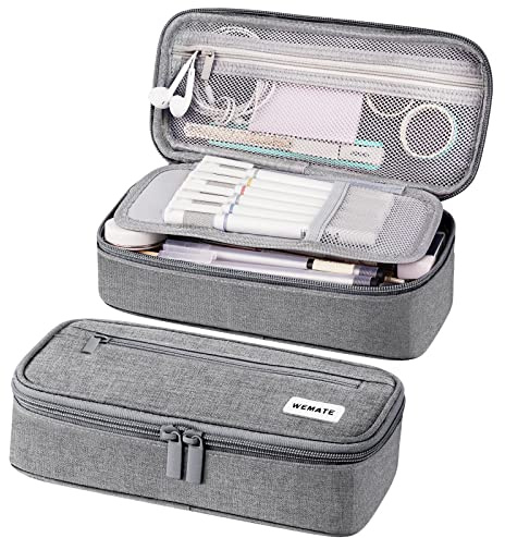 WEMATE Large Pencil Case Aesthetic,Big Capacity Canvas Pencil Pouch with Zipper, Pencil Case for Women & Men, Marker Pen Case,Portable Stationery Pencil Bag for Office Light Grey