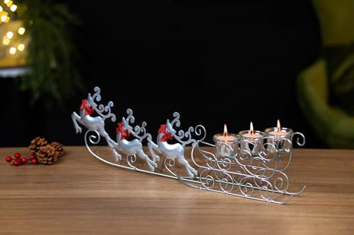 Marco Paul Silver Sleigh Reindeer Xmas Decoration Glass Tealight Holder - Christmas Table Centrepiece - Tea Light Candle Holders Tea Light & Votive Candle Holders - Christmas Table Decoration