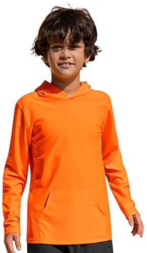 TIZAX Kinder UV Shirt Langarm Jungen Badeshirt Schwimmshirt mit Kapuze Schnelltrocknend UPF 50+ Sonnenschutz Rash Guard T-Shirt mit Tasche Orange 5 Jahre/110