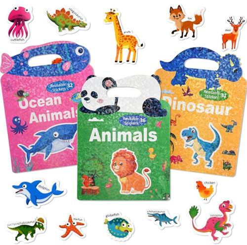ASTARON 3-pack återanvändbara tjocka 3D-klistermärken, bok för barn, 3–6 år, gelé-klistermärke, spel, pedagogisk sensorisk inlärningsleksak, reseleksaker, aktivitetsbok