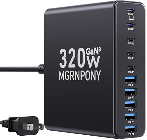 320W USB C Charger Block, 10-Port USB C Charging Station GaN III PD 65W Laptop Fast Charger Adapter for MacBook Pro/Air, DELL, iPad, iPhone, Samsung Galaxy Black