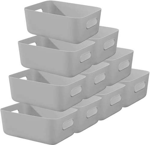 W&H 10 PCS Grey Plastic Storage Boxes with Handle, Medium Kitchen Cupboard Organiser Box, Plastic Storage Baskets for Shelves, Bathroom, Home and Office -25×17×10cm