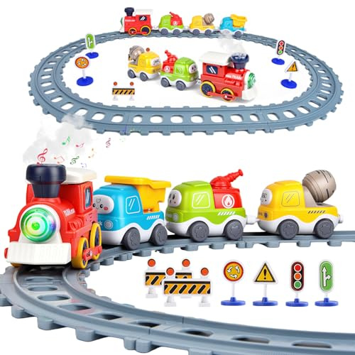 Train Set for Toddlers,Magnetic Train Toys with Lights,Realistic Music Sound, Steam Spray,Traffic Sign, Magnetic Train Connection Car Toys with Tracks for Kids,Christmas Birthday Gifts for Boys Girls
