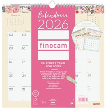 Finocam – Calendrier mural 2026 1 Mois par page Janvier – Décembre 2026 (12 mois) | Calendrier 2026 pour noter | Planificateur mensuel Design – Français