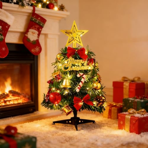 Mini árbol de Navidad de 50 cm – Árbol de Navidad artificial con iluminación LED y adornos – Decoración de mesa para Navidad, oficina, hogar, escaparate, fiesta, festivo, decoración de invierno