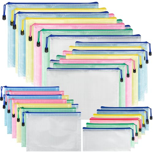 Pochette Document Zippée A3+A4+A5+A6, 40 Pièces Pochette Rangement Fermeture, PVC Imperméable Transparentes Document Dossier, Plastique Zippée Maille pour Bureau, Papier, Cosmétiques,Voyage