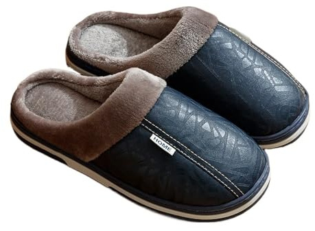 JIANBOHAIRS Foam Slippers Chaussons d'hiver Décontractés Hommes Grande Taille D'intérieur Imperméables en Cuir PU, Maison Plates Chaudes Fourrure Chambre À Coucher Tendance(Blue,50-51)