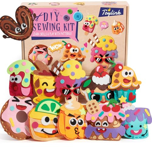 Kit de Costura para Niños 6-8 Años, Kit Manualidades Niñas 12 DIY Fieltro de Postre Juegos & Hilo Bordar & Agujas Coser, Creativa Actividad Costura Juguetes Regalo Niñas 5 6 7 8 9 Años (Postre 1)