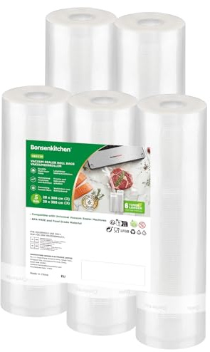 Bonsenkitchen Sacchetti Sottovuoto Alimenti 2 Rotoli 28cm×300cm & 3 Rotoli 20cm×300cm, Pellicola Resistente allo Strappo per Tutti i Sigillatori Sottovuoto, Sous Vide e Microonde, senza BPA, VB3220