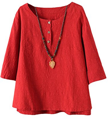 Vogstyle Damen Baumwoll Leinen Tunika T-Shirt Jacquard Oberseiten, Rot, XXL