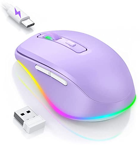 Seenda Wireless Mouse, Rechargeable Light Up LED Mouse for Laptop, 2.4G USB Silent Mice with Built in Jiggler Mover, Undetectable Simulate Mouse Movement to Keep Computer Awake, Purple