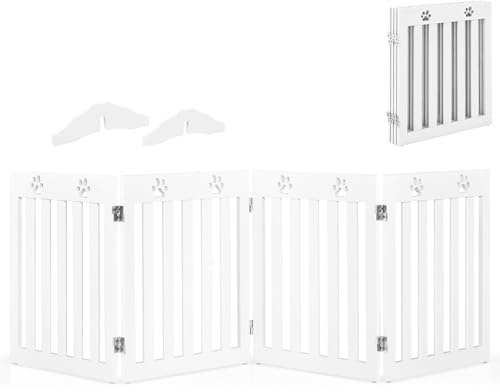 Maxmass Wooden Freestanding Pet Gate, Foldable Dog Barrier with 360°Flexible Hinges and Non-slip Foot Pads, 3/4 Panel Safety Fence for Stairs (204 x 61 cm, White)