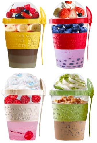 4All Reusable Yogurt Pots 600ml With Spoon Cereal Storage Containers With Lid Airtight Overnight Oats Jar BPA Free Breakfast Cup Cereal On The Go Dishwasher Safe Pack of 4