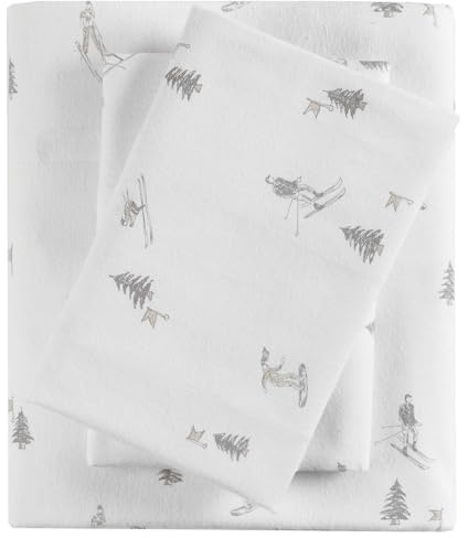 SLEEP PHILOSOPHY True North Flannel Sheets Twin Size, Cozy 100% Cotton Flannel Bed Sheets, Ultra Soft Cute Sheet Set, Elastic Pocket Fits Up to 12 Mattress, Skiiers 3 Piece