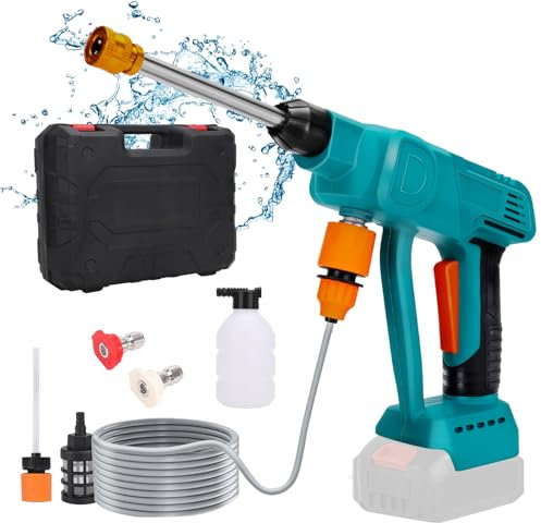 Akku Hochdruckreiniger, Tragbarer Druckreinigerpistole kompatibel mit Makita 18V Akku, mit 5m Schlauch, 2 Düsen, Filter, Schaumkrug und 2 Adaptern für Auto, Garten und Terrasse (Ohne Akku)
