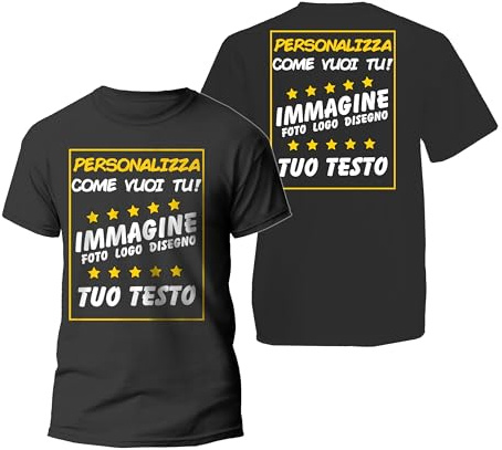Maglietta Personalizzata Uomo, Donna e Bambino Fronte e Retro, Maglia Personalizzabile con Foto e Testo, T-Shirt a Manica Corta 100% Cotone, Leggera e Traspirante, Idea Regalo, Nero, M