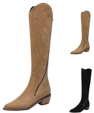 Generico Botas Texanas Camperos Western Texani Botas Equitación Botas Camperos Mujer Boots Tacón Medio Botas Elásticas Mujer Curvy Botas Cremallera Media Polpaccio Botín, beige, 39 EU