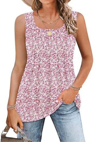 WNEEDU Camiseta de Verano Sin Mangas para Mujer Blusas Sexy Elegantes Loose Fit Tallas Grandes Cuello Cuadrado Camisa Suelta Top Casual T-Shirts Pequeñas Flores Rosas M