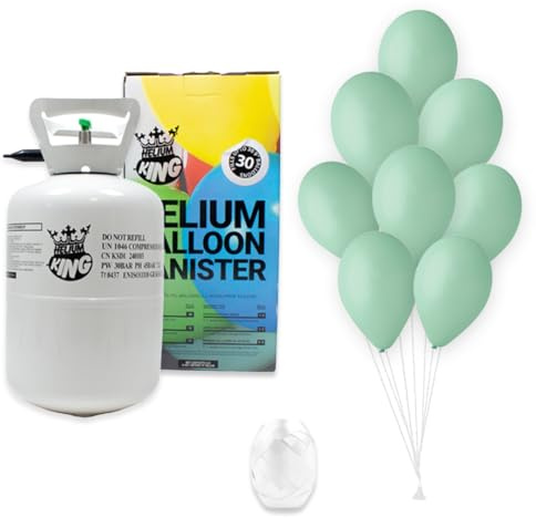 Disposable Helium Gas Canister - with 30 Aquamarine Green Balloons and Curling Ribbon - Helium Balloon Gas UK Filled Helium Cylinder
