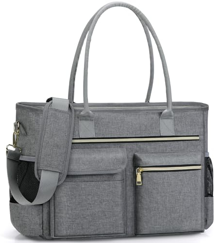 RAINSMORE Laptop Tote Bags for Women 15.6 inch Teacher Bag Large Nurse Utility Bag Computer Messenger Briefcase with Insulated Pocket for Work School Office Business University Grey