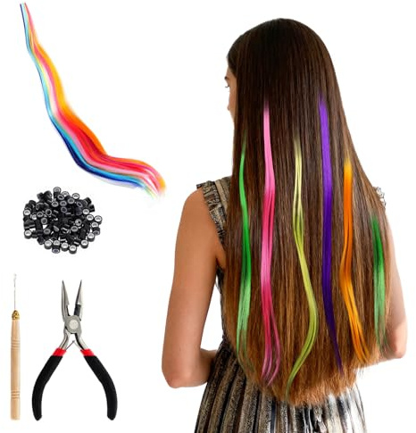 Lot de 100 extensions de cheveux colorées à tresser - Pour enfants - Avec pince et crochet de perruque - Extensions de cheveux colorées pour décoration de fête et festival
