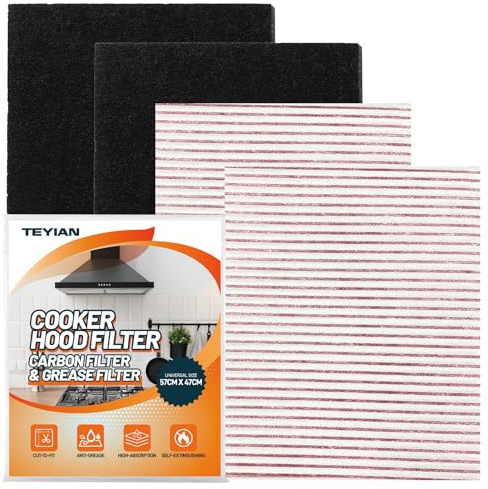 TEYIAN 57 x 47cm Carbon Cooker Hood Filter Grease & Odour Filter Kit High Absorption Universal Cut to Size for All Cooker Hoods & Extractor Fans Vent (2 Grease + 2 Odour Filter)
