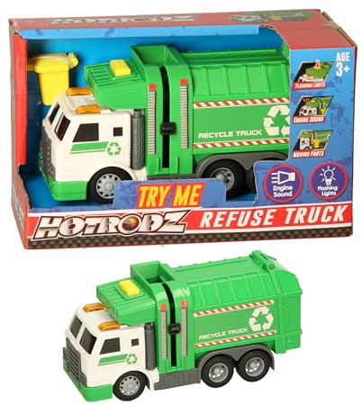 HotRodz Refuse Truck Toy, Recycle Truck with Flashing Lights, Engine Sound, Moving Parts, Age 3+, Green and White