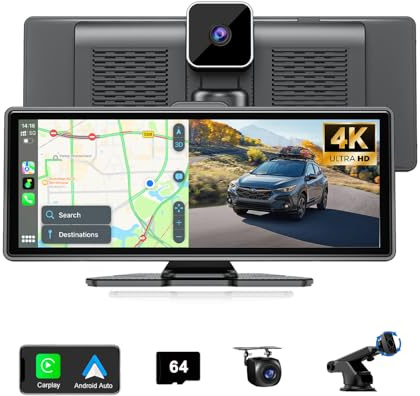 10.26 Wireless Car Play Screen 4K Dash Cam Carplay & Android Auto Car Stereo Car Tablet Audio Receivers with 1080P Backup Camera GPS Navigation/64G SD Card/Mirror Link/Voice Control/Siri/AUX/FM