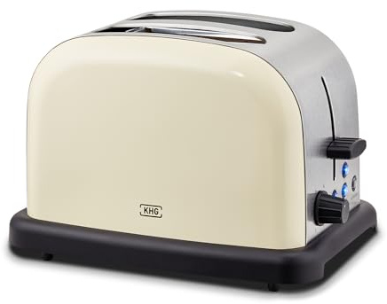 KHG Edelstahl Toaster mit Brötchenaufsatz, 2 Scheiben | 6 Bräunungsstufen mit Bräunungskontrolle, Krümelfach | 1000W Leistung | Außengehäuse - Creme, Retro, Vintage, American Diner Style