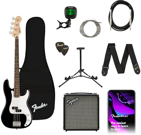Squier by Fender Bass Guitar Kit, with 2-Year Warranty, Laurel Fingerboard, Black, Poplar Body, Includes Rumble 15G Amp, Padded Guitar Bag, Cable, Guitar Strap, and More