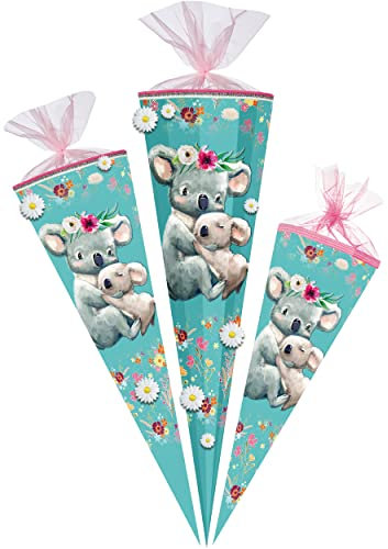 alles-meine.de GmbH mit 3D Stoff - Blumen ! Schultüte - süße Koala Familie 70-85 cm Größe wählbar Zuckertüte - Tüllabschluß/Filzabschluß - eckig/rund - Mädchen - kl..