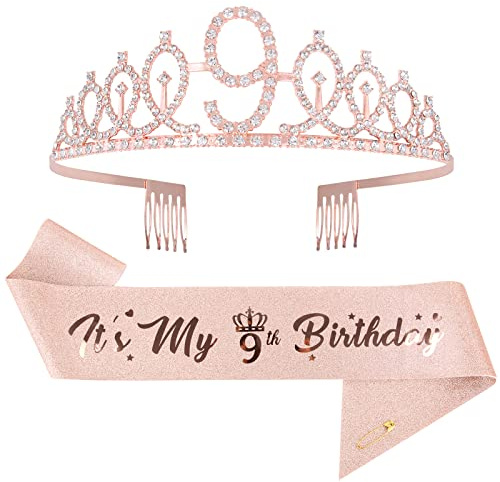 Mikccer Rose Gold 9th Birthday Sash and Birthday Tiara Crown for Girls | Rhinestone Crown Headband for 9th Birthday Gifts, Girls' Birthday Party Accessories Decorations, Personalised Sash for Women