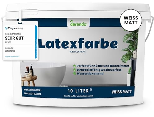 derendo Latexfarbe weiß matt abwaschbar 10 L für Innen Küche Badezimmer streichen weiße Wandfarbe hohe Deckkraft